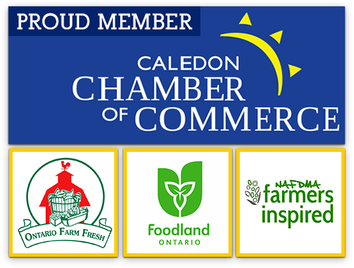 Proud members of Caledon Chamber of Commerce, Ontario Farm Fresh, Foodland Ontario, and NAFDMA